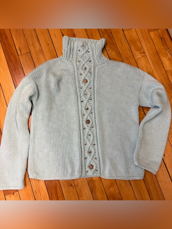 Pure Collection Sweaters - Pure Handknit Seafoam Cotton Chunky Cable Knit Sweater M/L Fisherman Core Boho